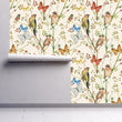 Load image into Gallery viewer, Botanical Wallpaper, Butterfly Garden Wallpaper, Bird Wallpaper, Cottage Wallpaper, Peel and Stick Wallpaper, Fabric Wallpaper
