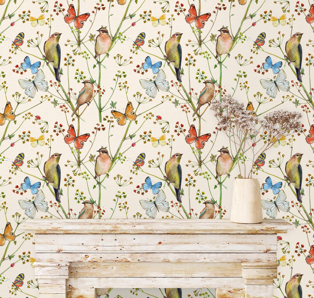 Botanical Wallpaper, Butterfly Garden Wallpaper, Bird Wallpaper, Cottage Wallpaper, Peel and Stick Wallpaper, Fabric Wallpaper