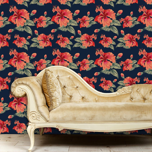 Hibiscus Floral Wallpaper, Moody Flower Wallpaper, Dark Garden Wallpaper, Modern Cottage Wallpaper, Peel & Stick Wallpaper
