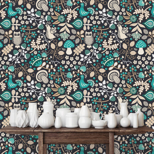 Forest Animals Wallpaper, Botanical Wallpaper, Cottagecore Wallpaper, Owls Mushrooms Bird Wallpaper, Flower Garden, Peel & Stick Wallpaper