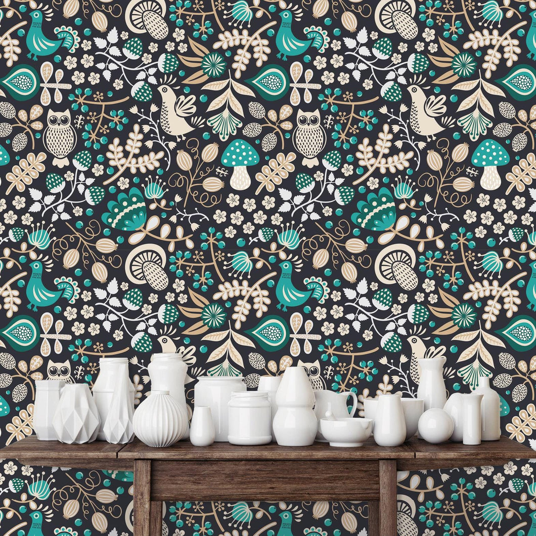 Forest Animals Wallpaper, Botanical Wallpaper, Cottagecore Wallpaper, Owls Mushrooms Bird Wallpaper, Flower Garden, Peel & Stick Wallpaper