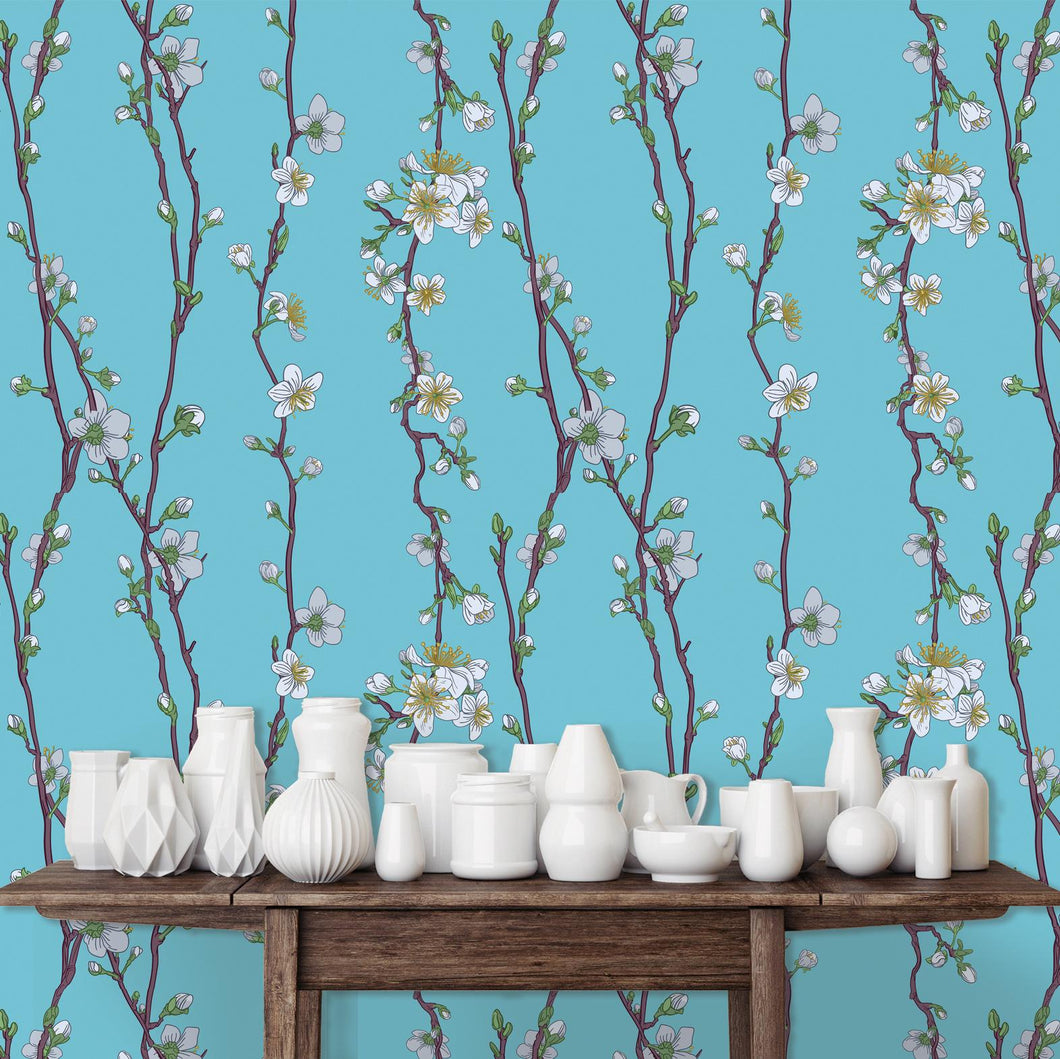 Teal Floral Wallpaper, Chinoiseries Wallpaper, Flower Wallpaper, Botanical Wallpaper, Blue Cottage Wallpaper, Peel & Stick Wallpaper