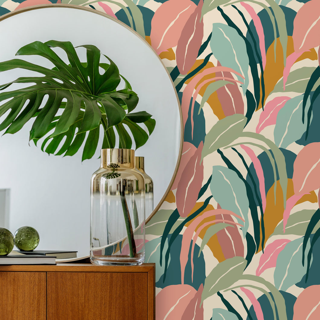 Vintage Pastel Tropical Wallpaper, Pal Leaves Wallpaper, Coastal Wallpaper, Retro Beach House Wallpaper, Peel & Stick Wallpaper