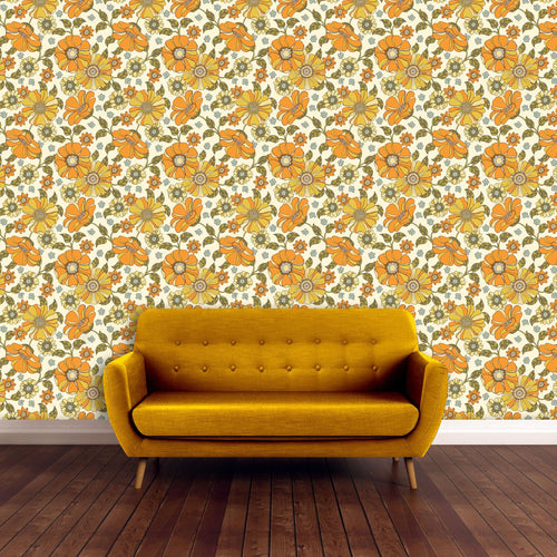 Vintage Floral Wallpaper, Retro Flower Wallpaper, Boho Wallpaper, Bohemian Wallpaper, Funky Orange Wallpaper, Peel & Stick Wallpaper