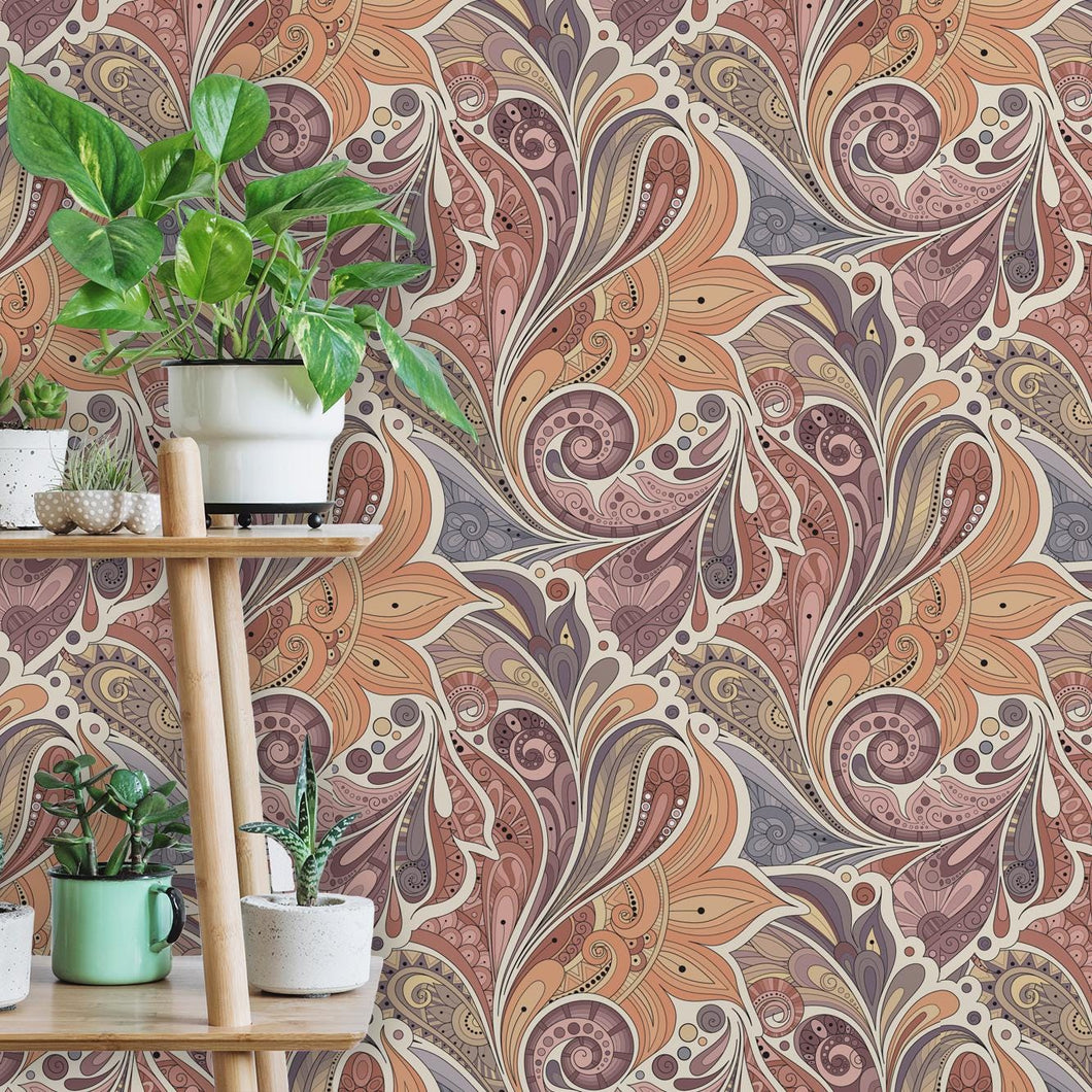 Boho Wallpaper, Bohemian Wallpaper, Floral Wallpaper, Retro Wallpaper, Funky Swirl Wallpaper, Peel & Stick Wallpaper
