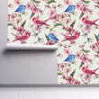 Load image into Gallery viewer, Botanical Wallpaper, Bird Wallpaper, Floral Wallpaper, Pink and Blue Wallpaper, Cottage Garden Removable Peel &amp; Stick Wallpaper
