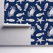 Load image into Gallery viewer, Fish Crab Starfish Wallpaper, Nautical Wallpaper, Blue Beach House Wallpaper, Ocean Animals Wallpaper, Removable Peel &amp; Stick Wallpaper
