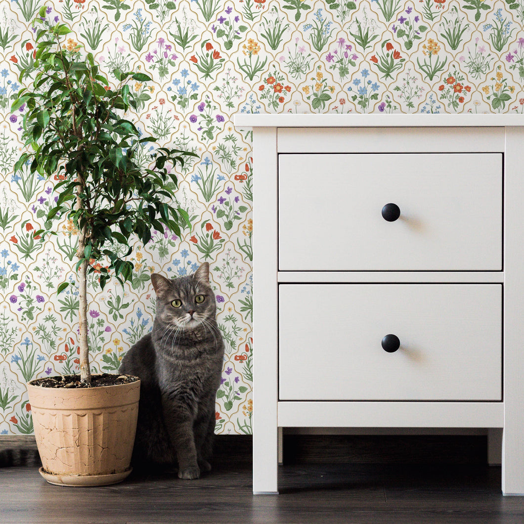 Vintage Wallpaper, Floral Wallpaper, Cottage Wallpaper, Botanical Wallpaper, Country Farmhouse Wallpaper, Removable Peel & Stick Wallpaper