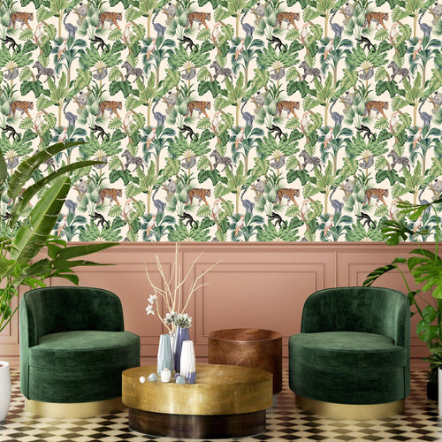 Jungle Wallpaper, Palm Trees Wallpaper, Tropical Wallpaper, Animal Wallpaper, African Wallpaper, Green Removable Peel & Stick Wallpaper