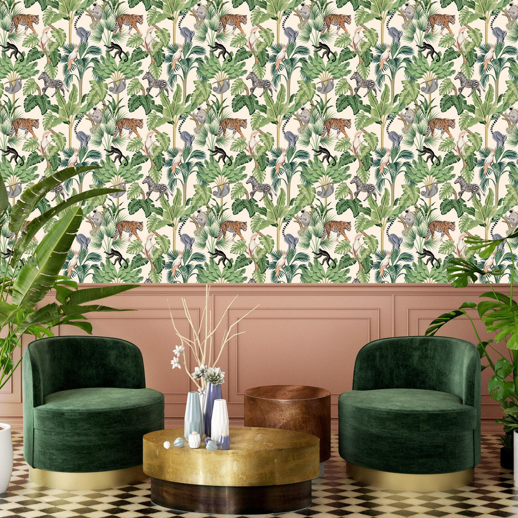 Jungle Wallpaper, Palm Trees Wallpaper, Tropical Wallpaper, Animal Wallpaper, African Wallpaper, Green Removable Peel & Stick Wallpaper