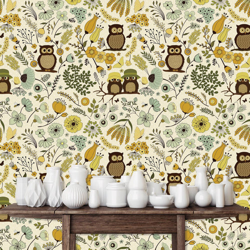 Owl Wallpaper, Forest Wallpaper, Botanical Wallpaper, Kids Wallpaper, Peel and Stick Wallpaper, Fabric Wallpaper
