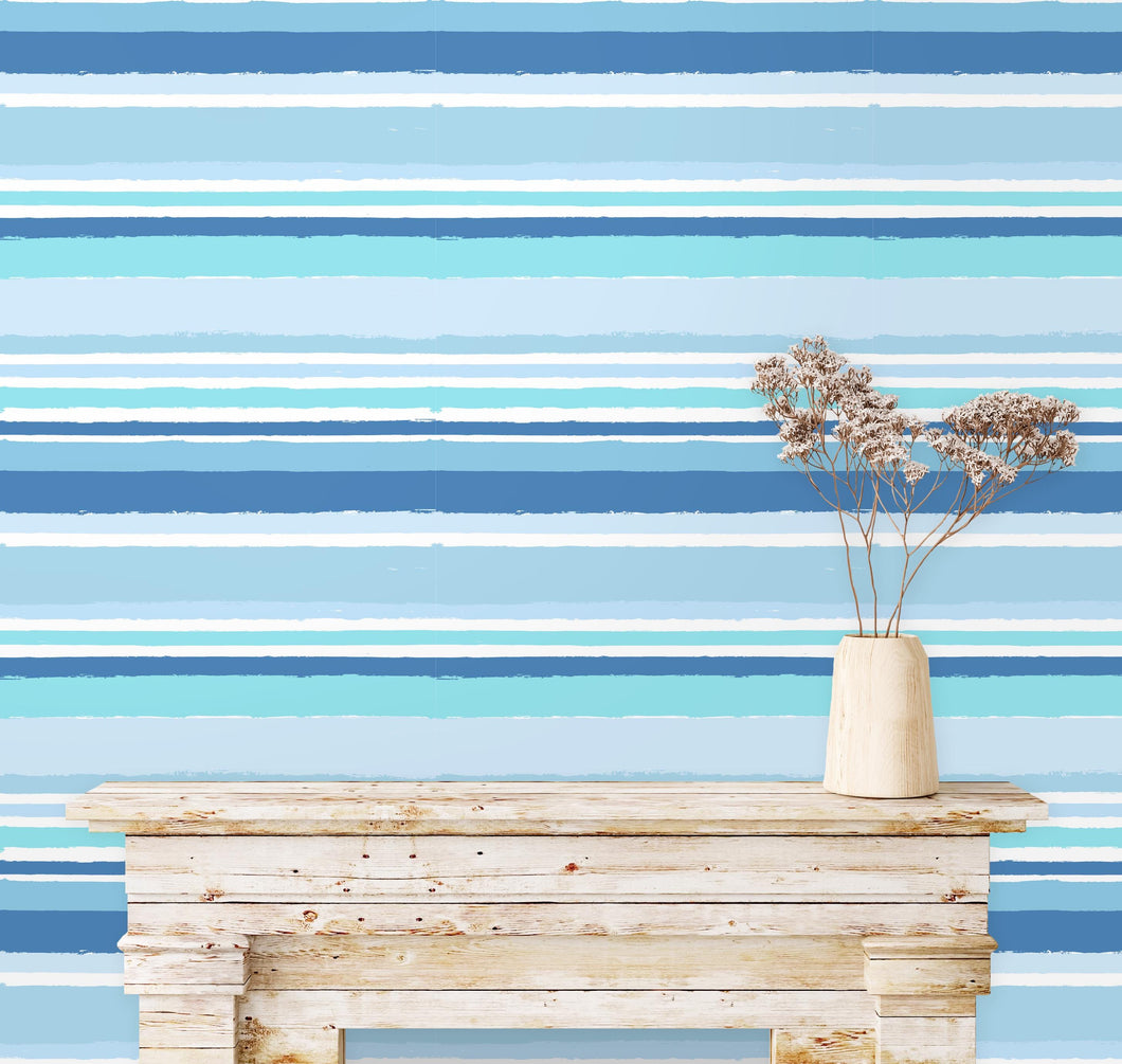 Blue Striped Nautical Peel and Stick and Traditional Wallpaper: Tropical Beach House Decor
