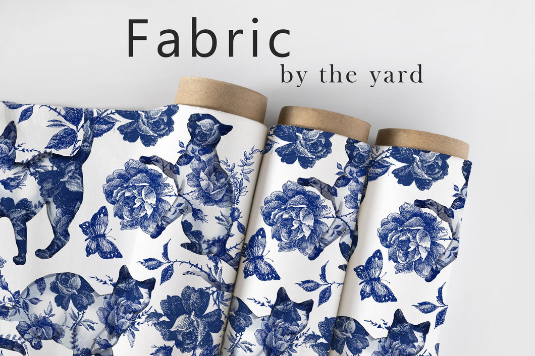 Blue Chinoiserie Cat Fabric, Vintage Toile Floral Textiles, Whimsical Upholstery Material by the Yard, Classic Blue Decor Fabric