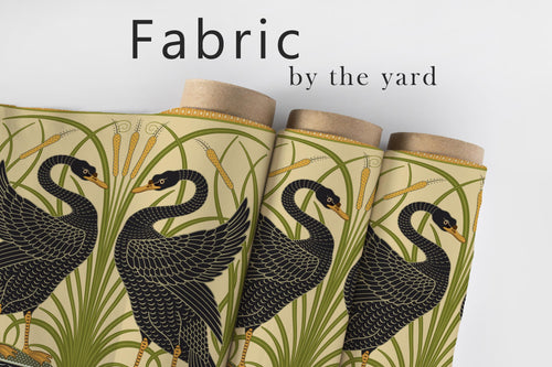 Black Swan Art Nouveau Fabric, Vintage Revival Textiles, Ornate Bird Upholstery Material by the Yard, Elegant Decorative Fabric