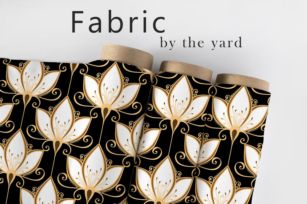 Gold Black Art Nouveau Fabric, Elegant Floral Textiles, Vintage Glam Upholstery Material by the Yard, Luxury Deco Decor Fabric