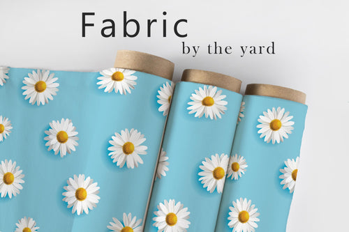 Blue Daisy Fabric, Floral Textiles, White Flower Upholstery Material by the Yard, Spring Cottagecore Botanical Fabric for Home Décor