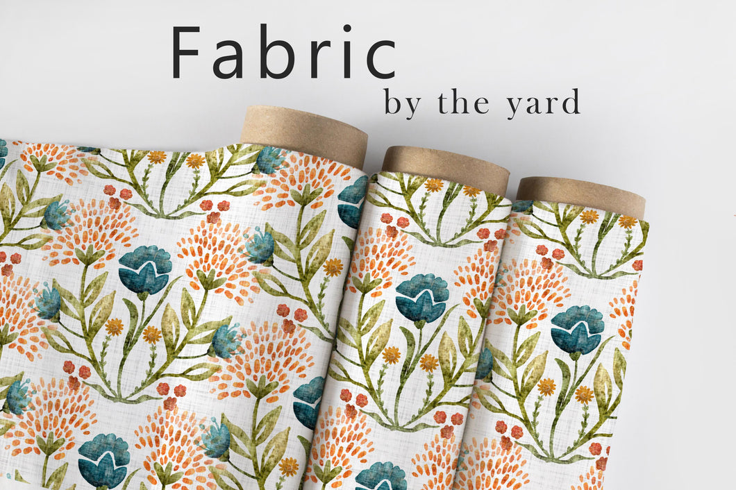 Teal Blue Orange Floral Fabric, Watercolor Botanical Textiles, Upholstery Material by the Yard, Modern Cottage Garden Fabric