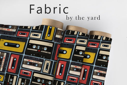 Retro Cassette Tape Fabric, Vintage 80s Music Print Textiles, Audio Mixtape Material for Upholstery, Home Decor & DIY Sewing Projects