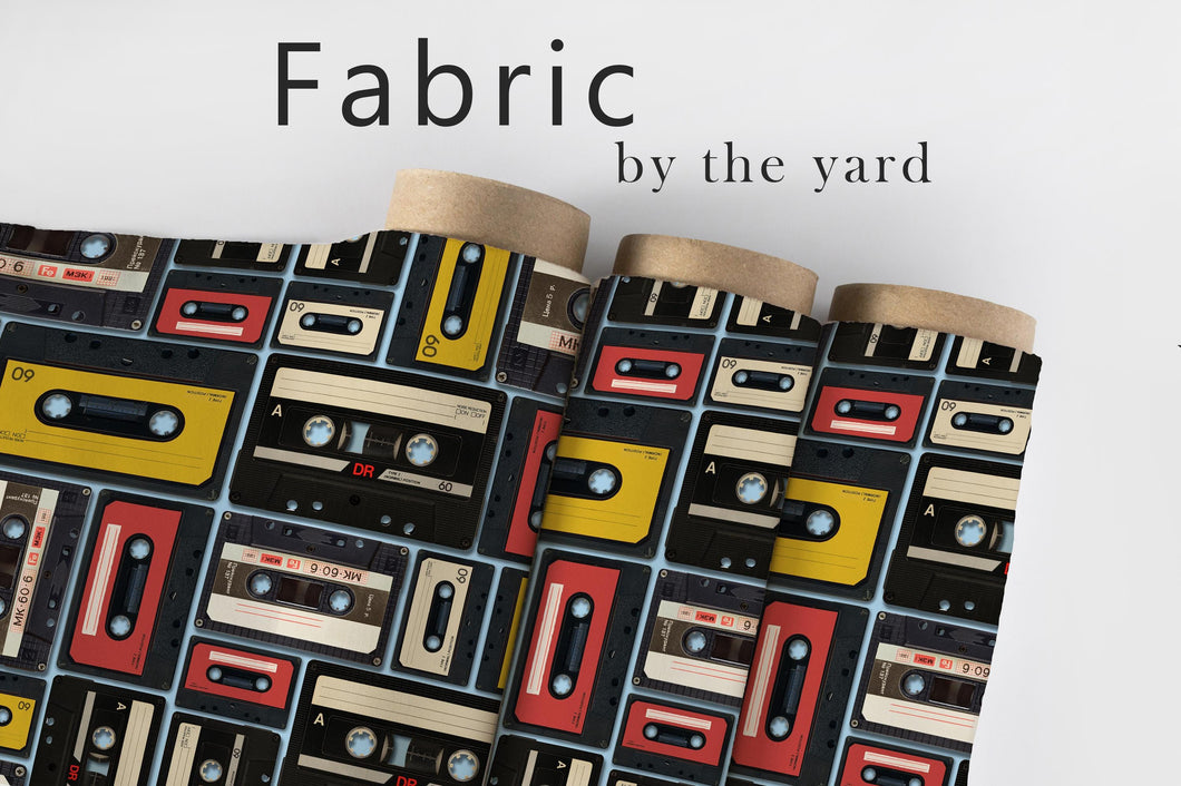 Retro Cassette Tape Fabric, Vintage 80s Music Print Textiles, Audio Mixtape Material for Upholstery, Home Decor & DIY Sewing Projects
