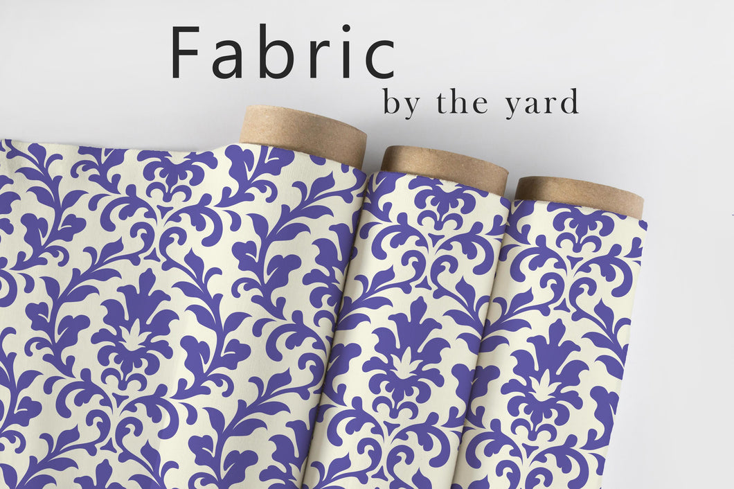 Blue Damask Fabric, Elegant Scroll Textiles, Vintage Pattern Material, Baroque Upholstery Fabric by the Yard for Home Décor