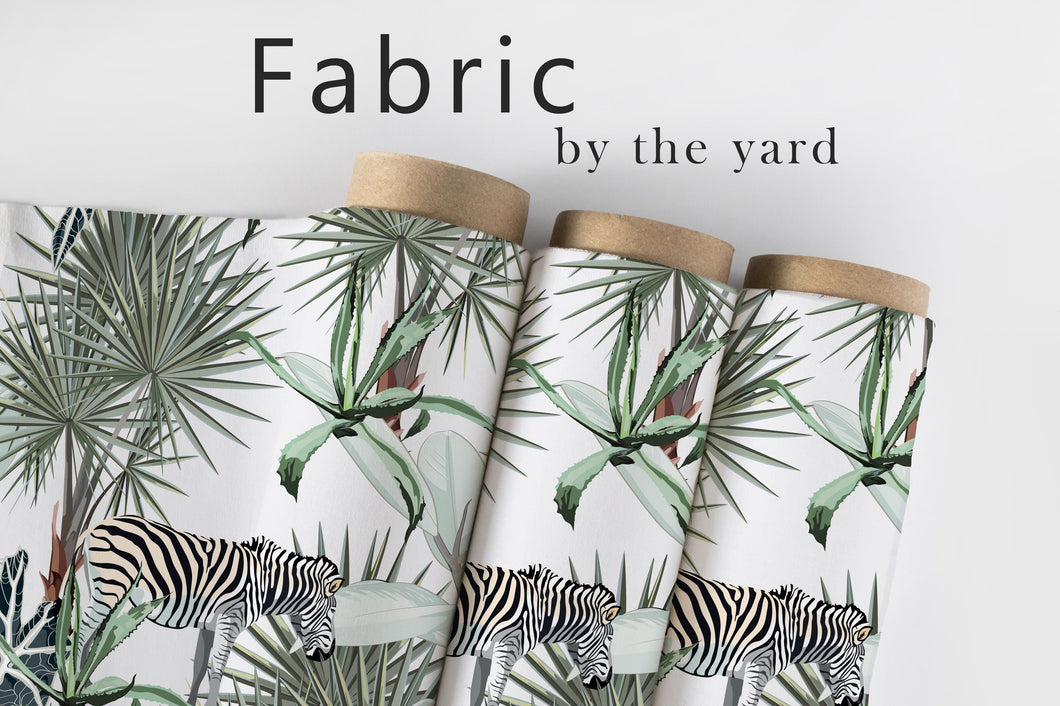 Zebra Jungle Fabric, Safari Tropical Textiles, Botanical Palm Upholstery Material by the Yard, Exotic Animal Decor Fabric
