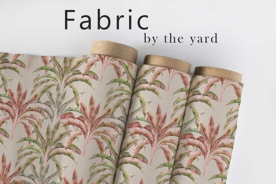 Tropical Palm Fabric, Botanical Textiles, Pink and Green Leaf Material, Tropical Upholstery Fabric by the Yard for Home Décor