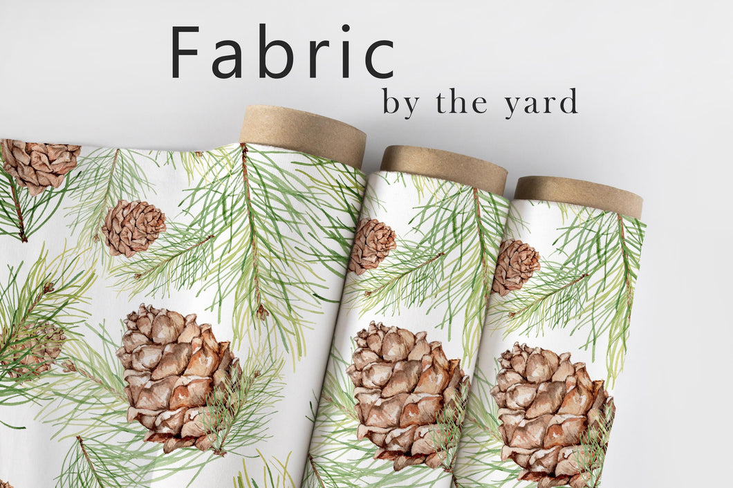 Pinecone Fabric, Woodland Textiles, Evergreen Upholstery Material by the Yard, Winter Forest Botanical Fabric for Rustic Cabin Décor