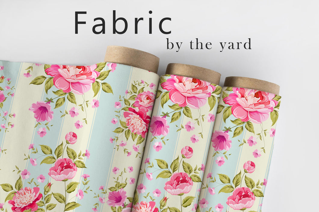 Pink Floral Stripe Fabric, Cottagecore Textiles, Vintage Roses Upholstery Material by the Yard, Romantic Shabby Chic Fabric for Décor