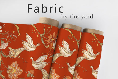 Scarlet Bird Fabric, Vintage Floral Textiles, Elegant Red Upholstery Material, Ornate Botanical Bird Fabric by the Yard