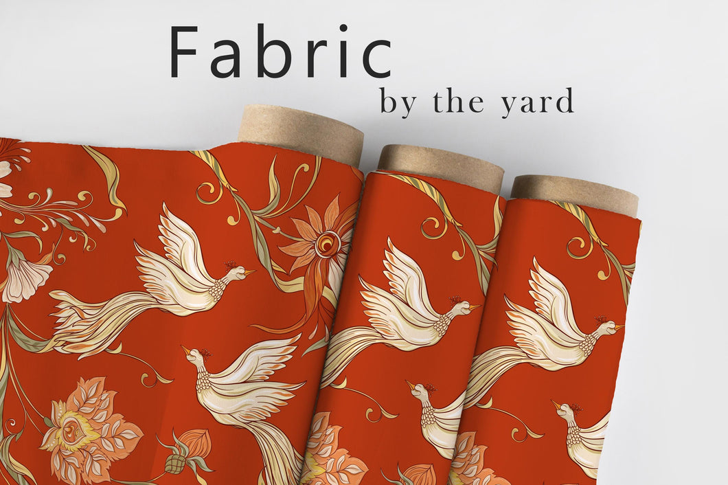 Scarlet Bird Fabric, Vintage Floral Textiles, Elegant Red Upholstery Material, Ornate Botanical Bird Fabric by the Yard