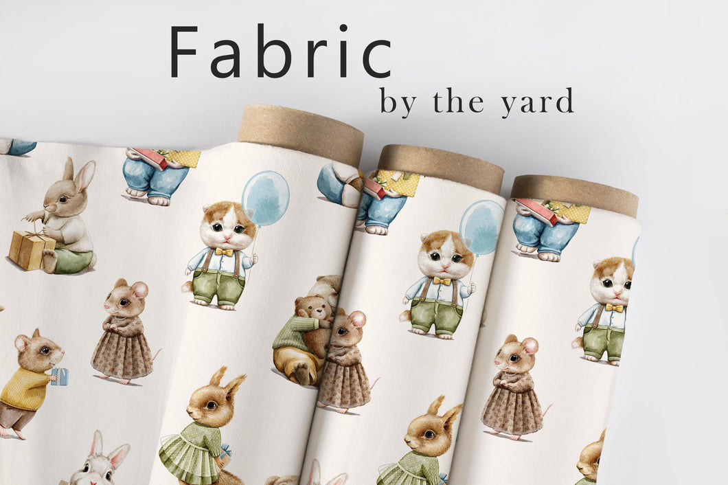 Woodland Animal Fabric, Nursery Textiles, Cute Bunny and Mouse Material, Kids Upholstery Fabric by the Yard for Baby Décor