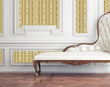 Load image into Gallery viewer, Vintage Gold Baroque Stripe Wallpaper with a white sofa.
