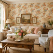 Load image into Gallery viewer, Warm wood furniture, a slipcovered sofa, and vintage-inspired décor are beautifully framed by Pickwick &amp; Elm's Alesia Close floral wallpaper.
