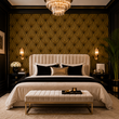 Load image into Gallery viewer, The Hutton wallpaper from Pickwick &amp; Elm creates a dramatic Art Deco backdrop for a cream channel-tufted bed accented with black and gold décor.
