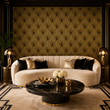 Load image into Gallery viewer, Art Deco living room featuring Pickwick &amp; Elm's Hutton wallpaper behind a curved ivory sofa with a black marble coffee table, brass accents, and warm ambient lighting.
