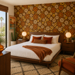 Load image into Gallery viewer, Warm wood furniture and crisp white bedding complement the Sydney Place wallpaper from Pickwick &amp; Elm, creating a cozy mid-century modern bedroom with vintage floral style.
