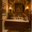 Load image into Gallery viewer, Sydney Place wallpaper by Pickwick &amp; Elm transforms this retro-inspired bathroom with bold vintage floral patterns in rich brown, orange, mustard, and cream behind a terrazzo vanity.
