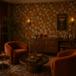 Load image into Gallery viewer, Rich velvet seating and warm lighting pair beautifully with Pickwick &amp; Elm's Sydney Place wallpaper, creating a sophisticated retro home bar featuring bold vintage floral wallpaper.
