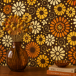 Load image into Gallery viewer, An amber glass vase filled with dried florals sits in front of Pickwick &amp; Elm's Sydney Place retro floral wallpaper, showcasing warm brown, orange, mustard, and cream mid-century inspired blooms.
