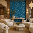 Load image into Gallery viewer, Temple Blue bamboo wallpaper by Pickwick &amp; Elm showcased as a feature wall in a boutique hotel lobby with boucle seating, oak paneling, and warm modern lighting.
