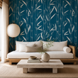 Load image into Gallery viewer, Temple Blue bamboo wallpaper by Pickwick &amp; Elm featured in a modern coastal living room with a light wood sofa, travertine coffee table, neutral decor, and natural textures.
