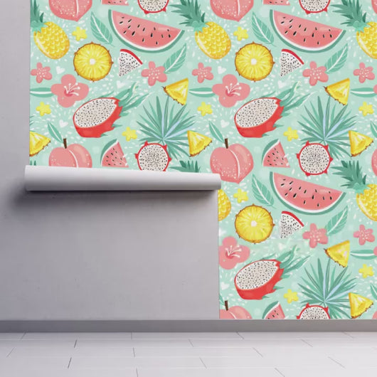 Retro Wallpaper, Palm Wallpaper, Fruit Wallpaper, Tropical Wallpaper, Mid Century Wallpaper, Peel and Stick Wallpaper, Fabric Wallpaper