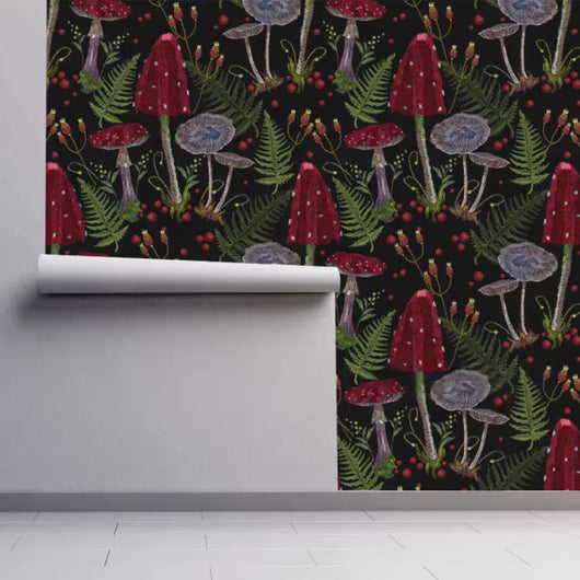 Mushroom Wallpaper, Botanical Wallpaper, Moody Wallpaper, Dark Wallpaper, Cottagecore, Forest Wallpaper, Fabric Peel & Stick Wallpaper