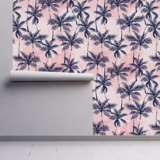 Retro Wallpaper, Palm Tree Wallpaper, Pink Tropical Wallpaper, Mid Century Modern Wallpaper, Peel and Stick Wallpaper, Fabric Wallpaper