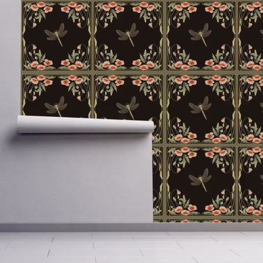 Victorian Wallpaper, Antique Wallpaper, Flower Wallpaper, Dark Floral Wallpaper, Dragonfly Peel and Stick Wallpaper, Fabric Wallpaper