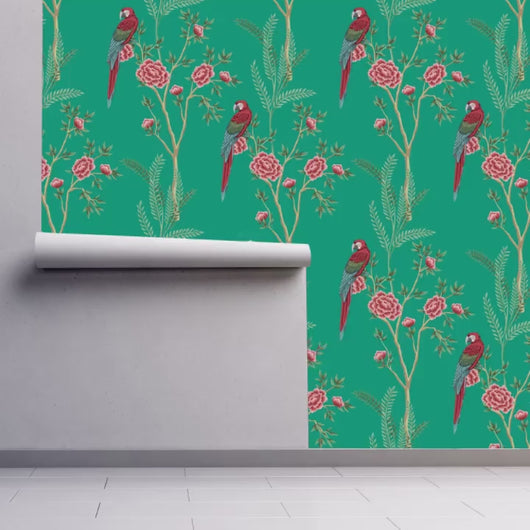 Chinoiserie Wallpaper, Botanical Wallpaper, Vintage Parrot Wallpaper, Peel and Stick Wallpaper, Victorian Wallpaper, Fabric Wallpaper
