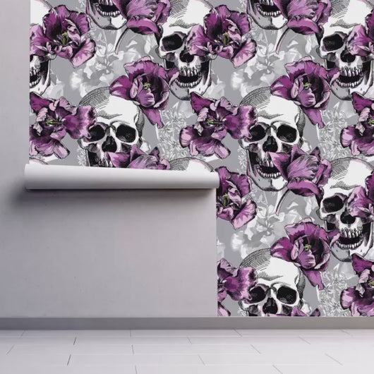 Skull Wallpaper, Gothic Wallpaper, Tropical Wallpaper, Goth Wallpaper, Tropical Flower Wallpaper, Peel and Stick Wallpaper, Fabric Wallpaper