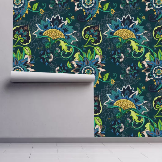 Botanical Wallpaper, Moody Wallpaper, Whimsical Victorian Wallpaper, Peel and Stick Wallpaper, Blue Wallpaper, Fabric Wallpaper