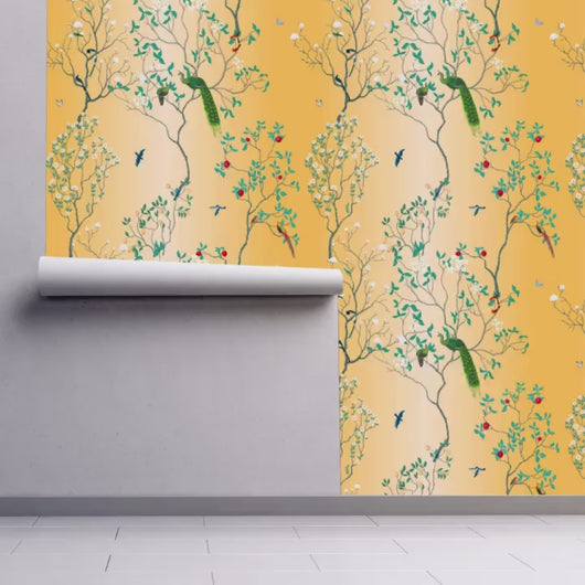 Chinoiserie Wallpaper, Victorian Wallpaper, Gold Wallpaper, Peel & Stick Wallpaper, Botanical Wallpaper, Peacock Wallpaper, Fabric Wallpaper