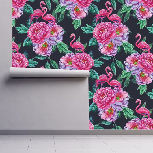 Tropical Wallpaper, Retro Wallpaper, Flamingo Wallpaper, Floral Wallpaper, Mid Century Wallpaper, Peel and Stick Wallpaper, Fabric Wallpaper